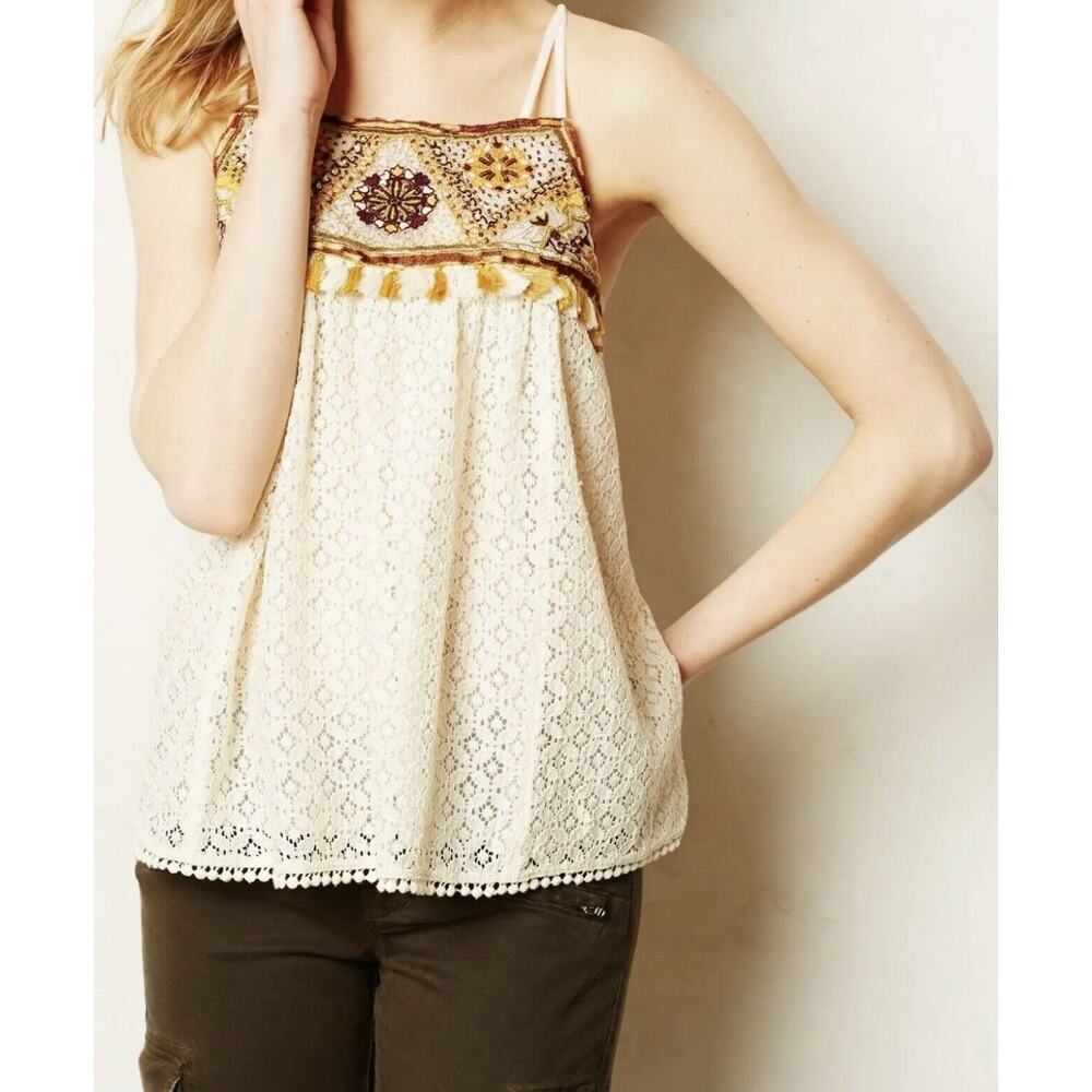 HD in Paris/Anthropologie Cream and Brown Embroidered Tank Top
